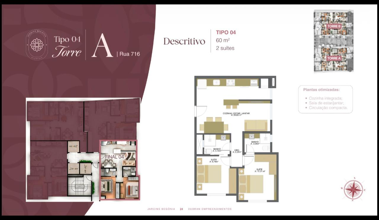 Planta da unidade 1104 — Tipo 04, Torre A, Rua 716 do Jardins Begônia: 60 m², 2 suítes, cozinha/estar/jantar integrados, circulação compacta.